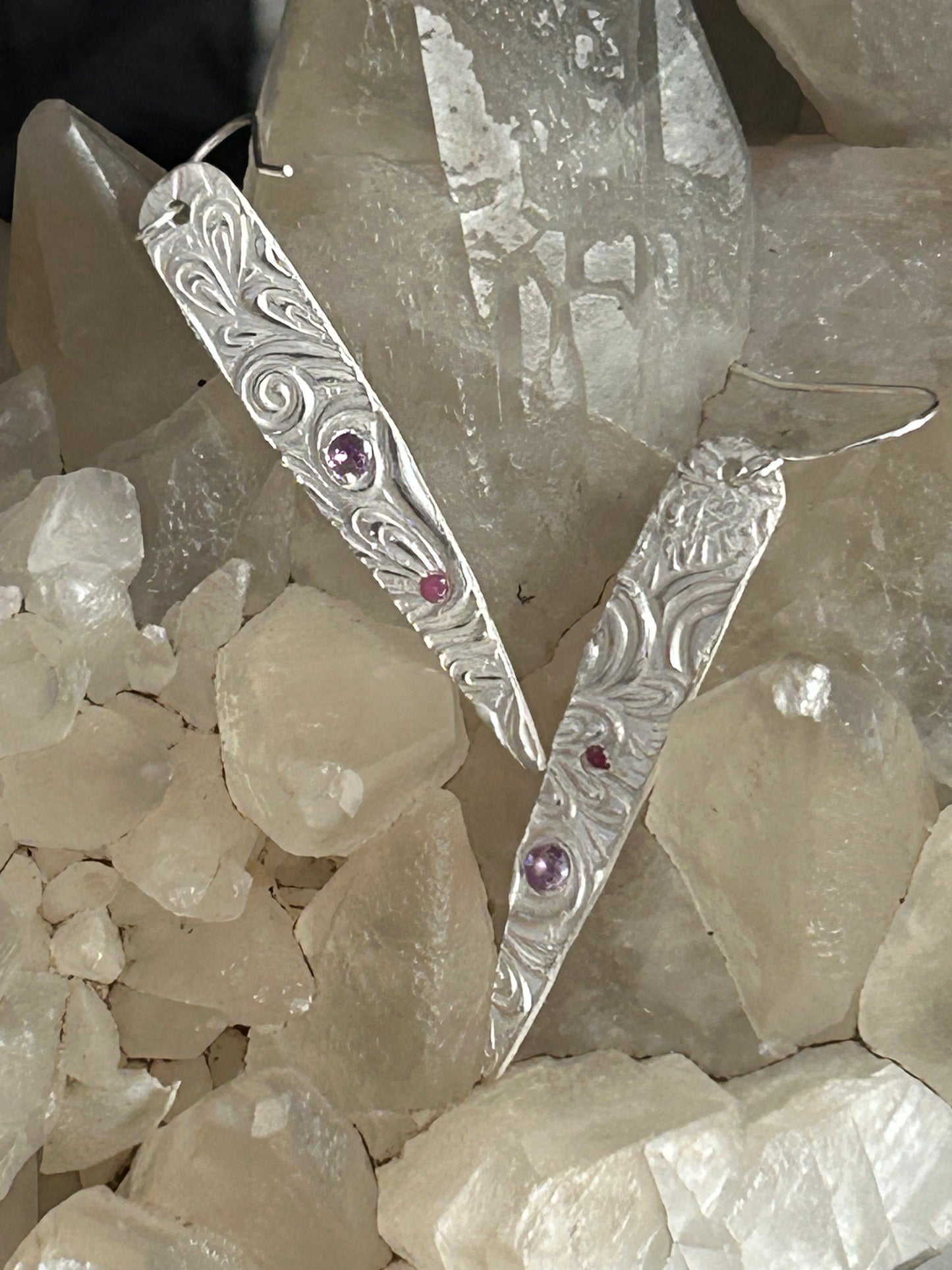 Fine Silver Textured Dangle Earrings with Pink Nano Stones