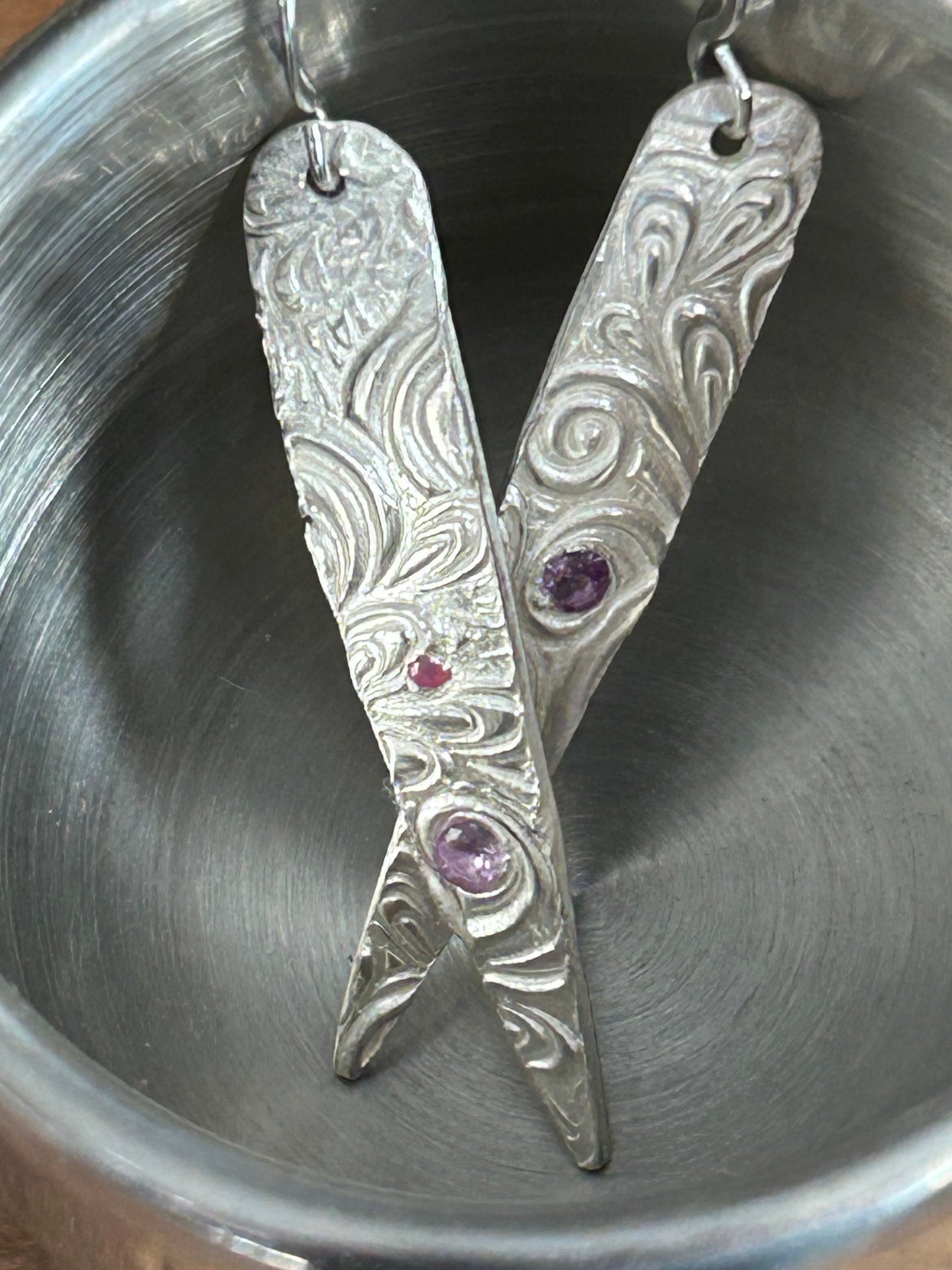 Fine Silver Textured Dangle Earrings with Pink Nano Stones