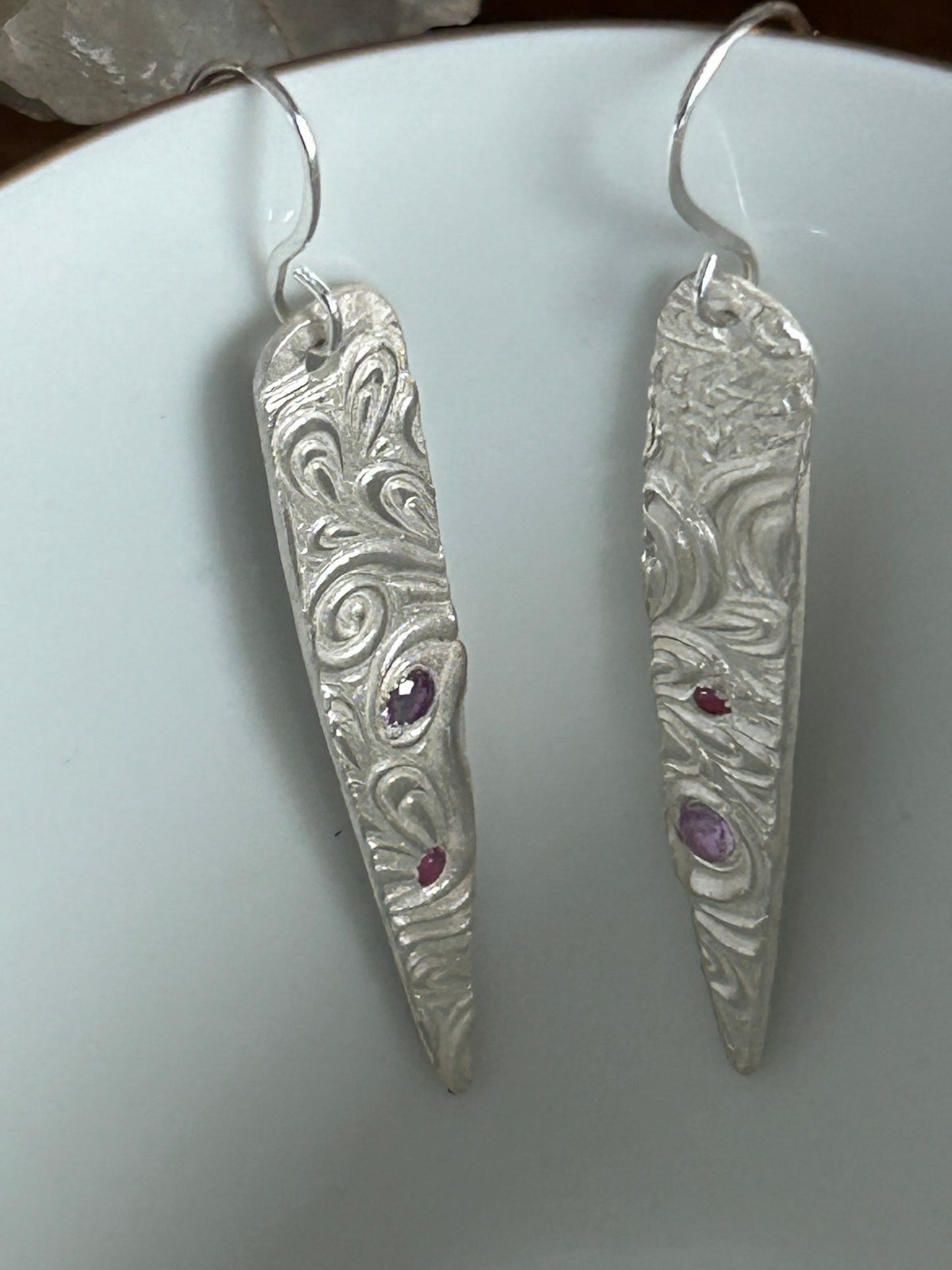 Fine Silver Textured Dangle Earrings with Pink Nano Stones