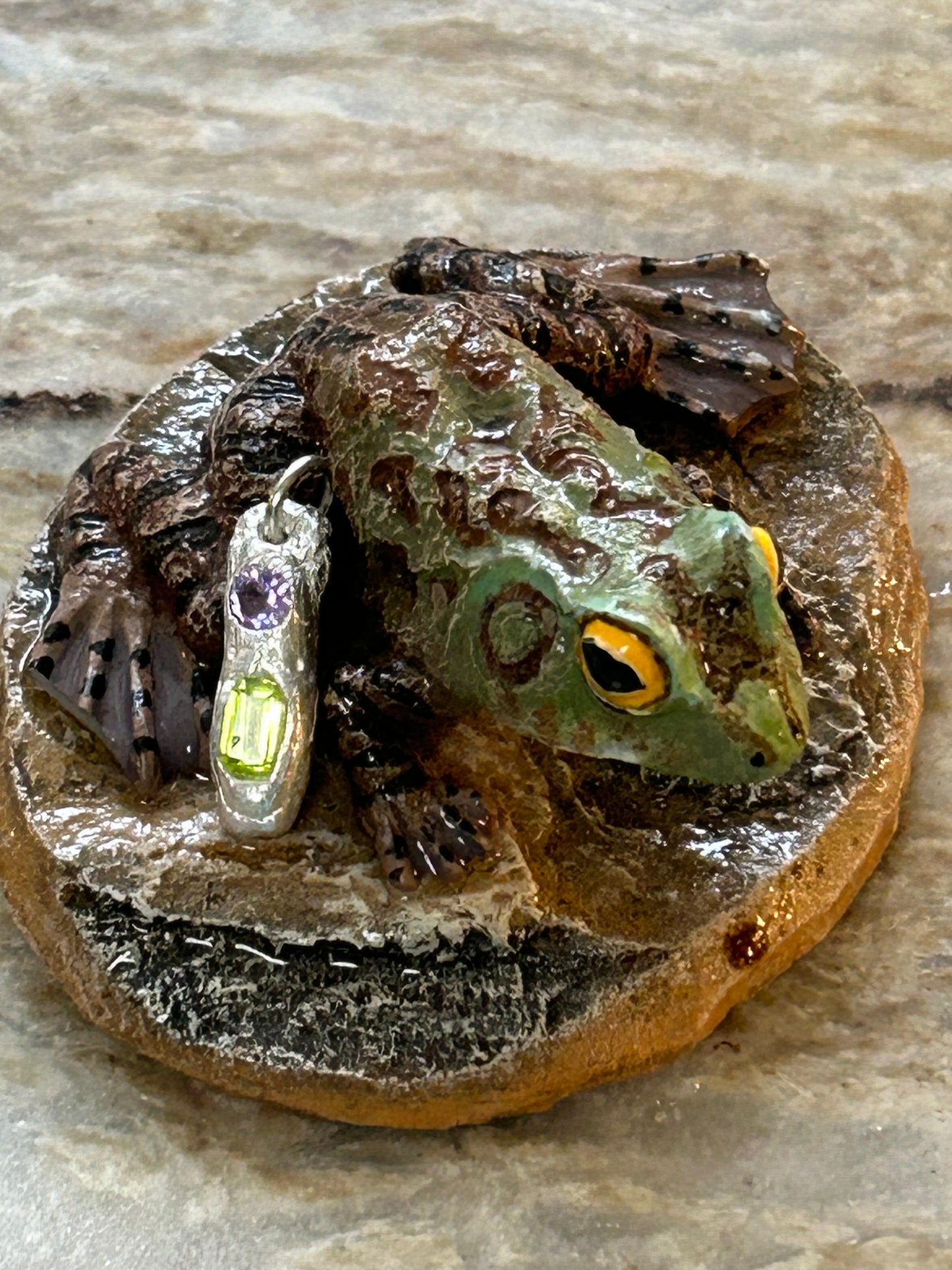Fine Silver Molten Pendant with Green and Purple Stones