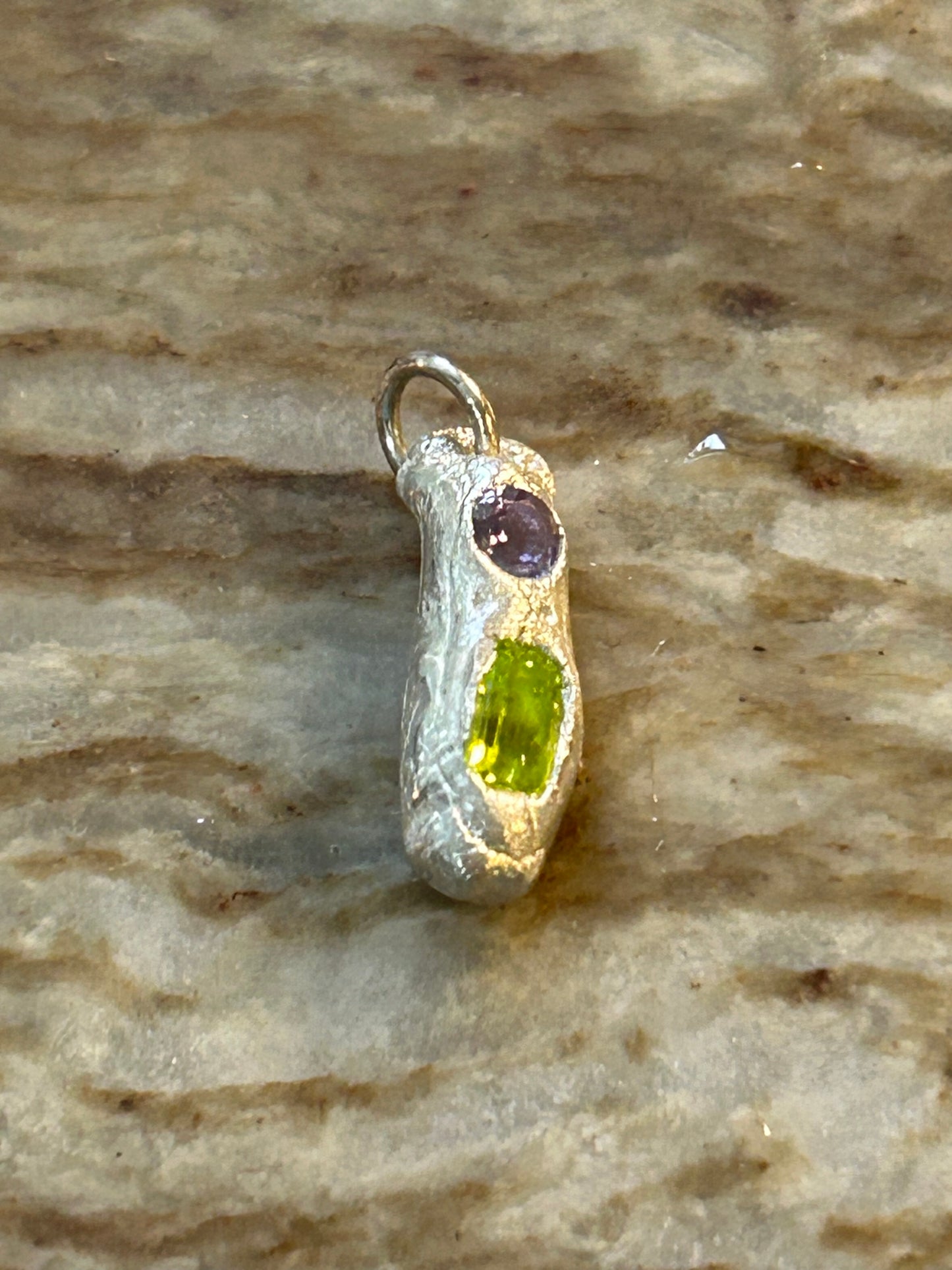 Fine Silver Molten Pendant with Green and Purple Stones