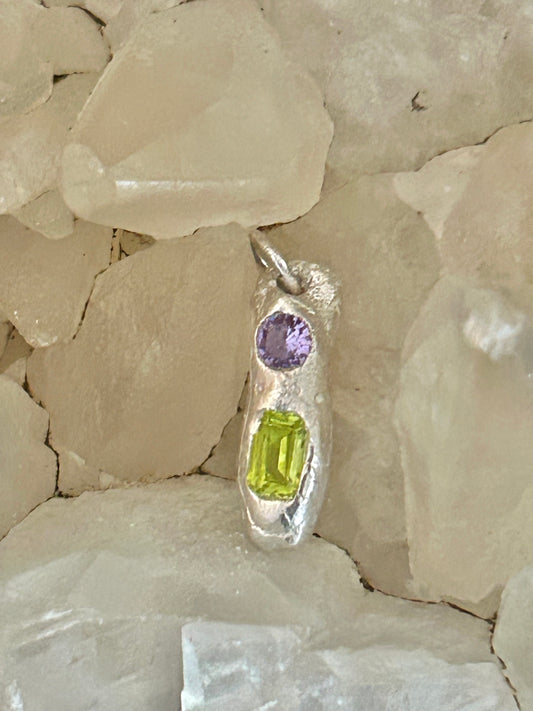 Fine Silver Molten Pendant with Green and Purple Stones