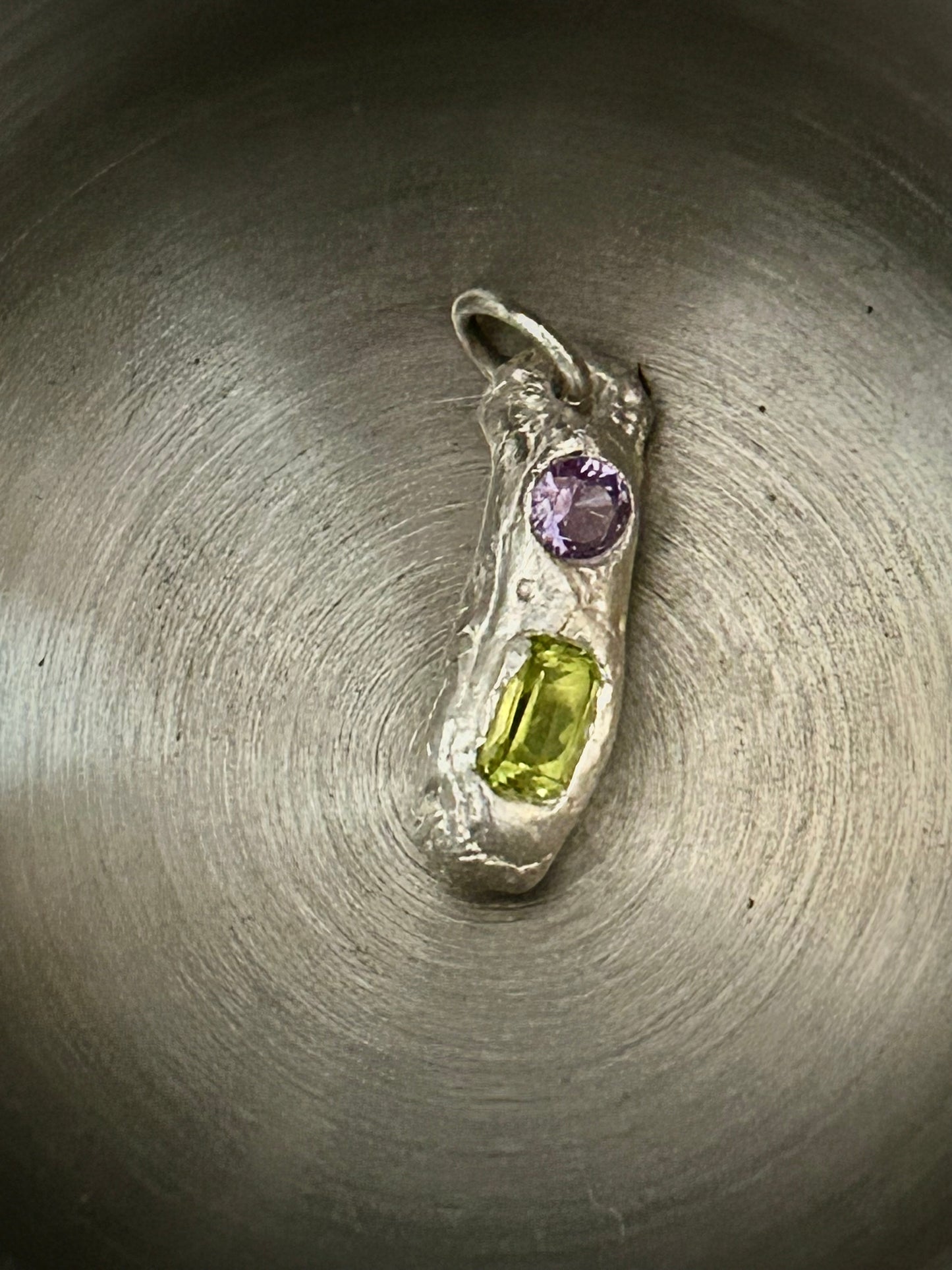 Fine Silver Molten Pendant with Green and Purple Stones