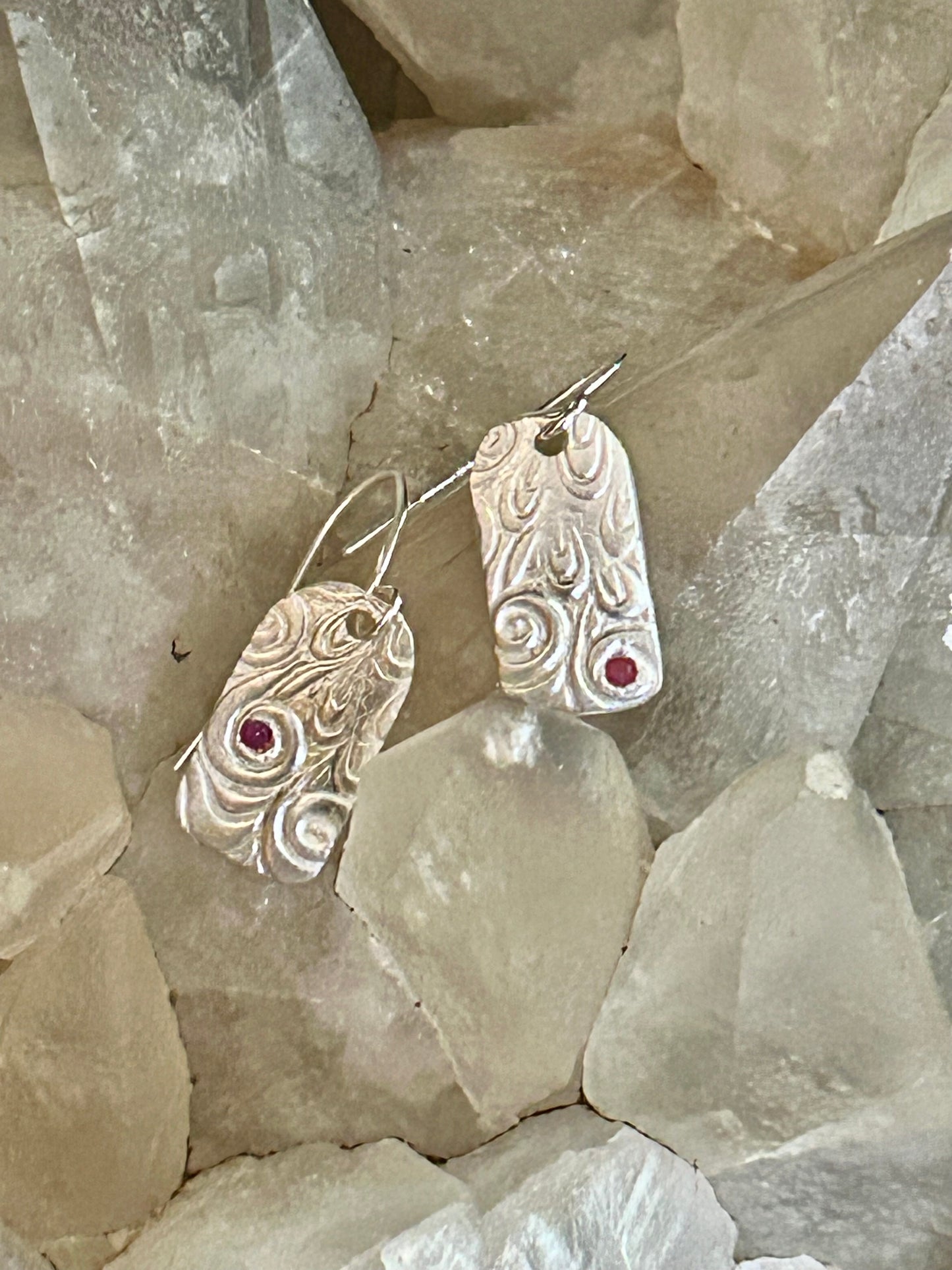 Fine Silver Textured Earrings with Red Nano Stone