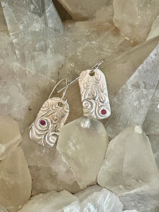 Fine Silver Textured Earrings with Red Nano Stone