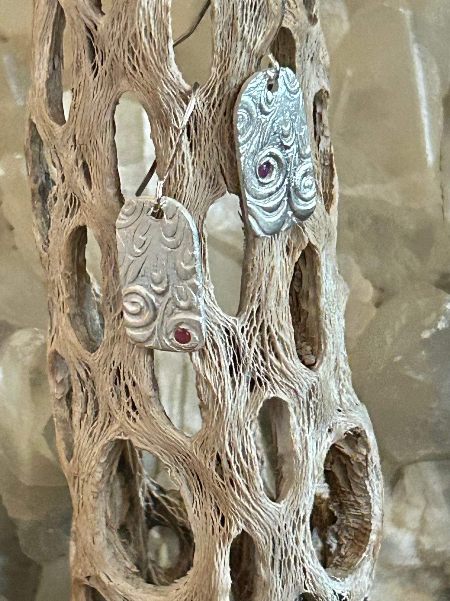 Fine Silver Textured Earrings with Red Nano Stone