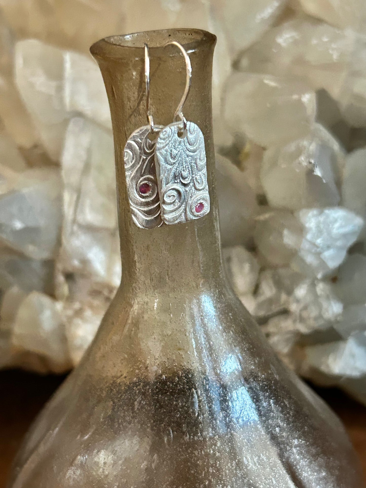 Fine Silver Textured Earrings with Red Nano Stone