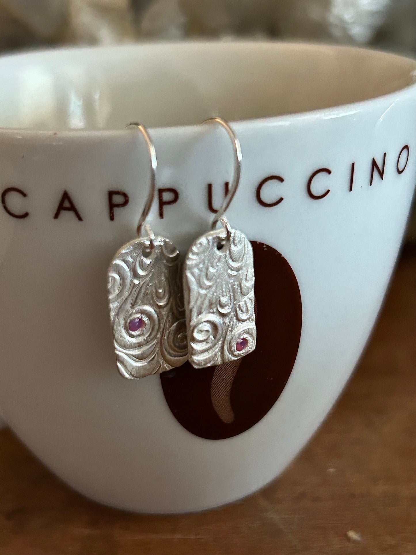 Fine Silver Textured Earrings with Red Nano Stone
