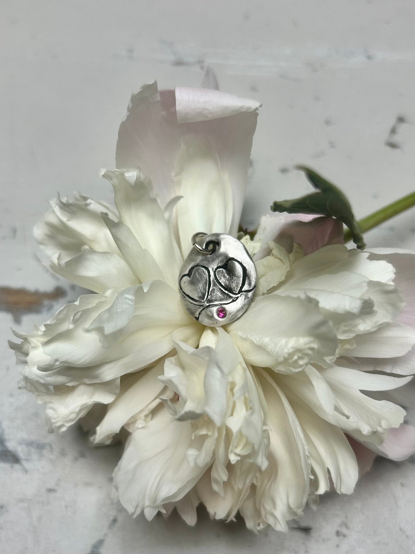 Fine Silver Double Heart Charm/pendant with Ruby Accent