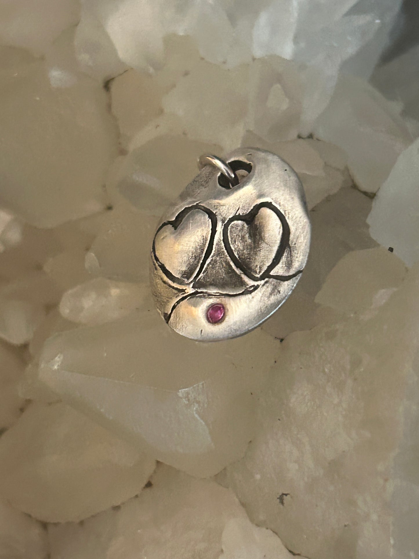 Fine Silver Double Heart Charm/pendant with Ruby Accent