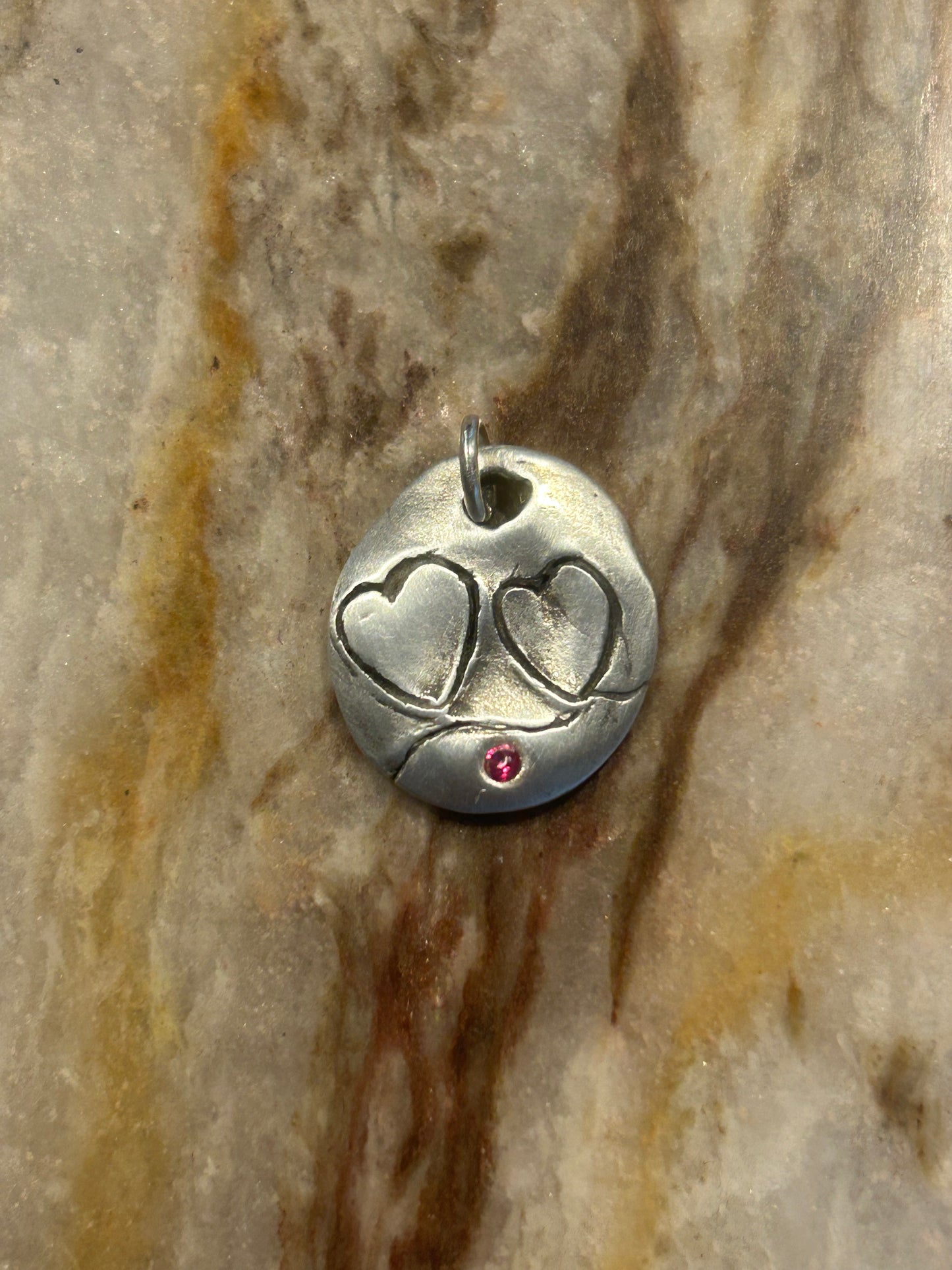 Fine Silver Double Heart Charm/pendant with Ruby Accent