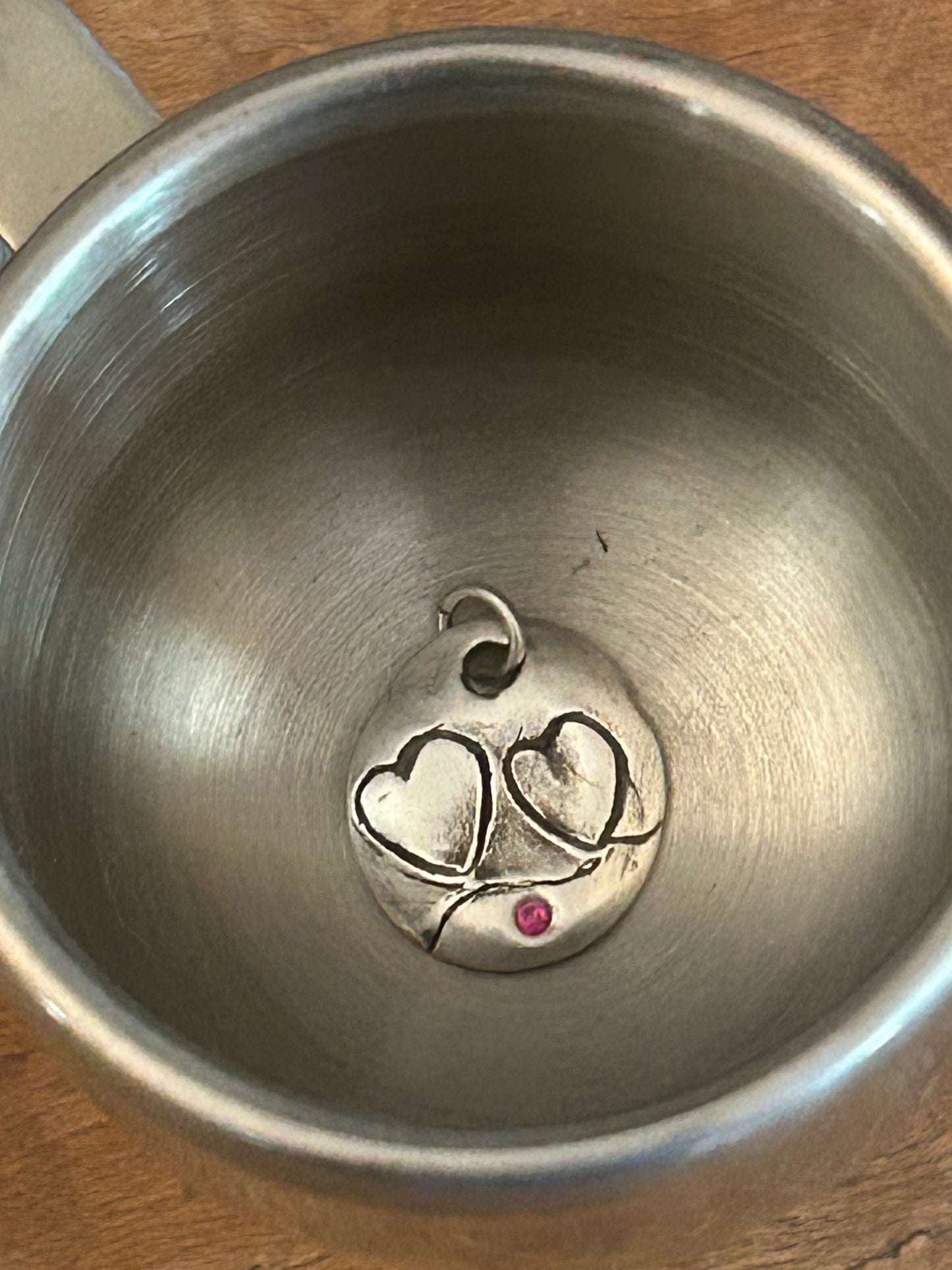 Fine Silver Double Heart Charm/pendant with Ruby Accent