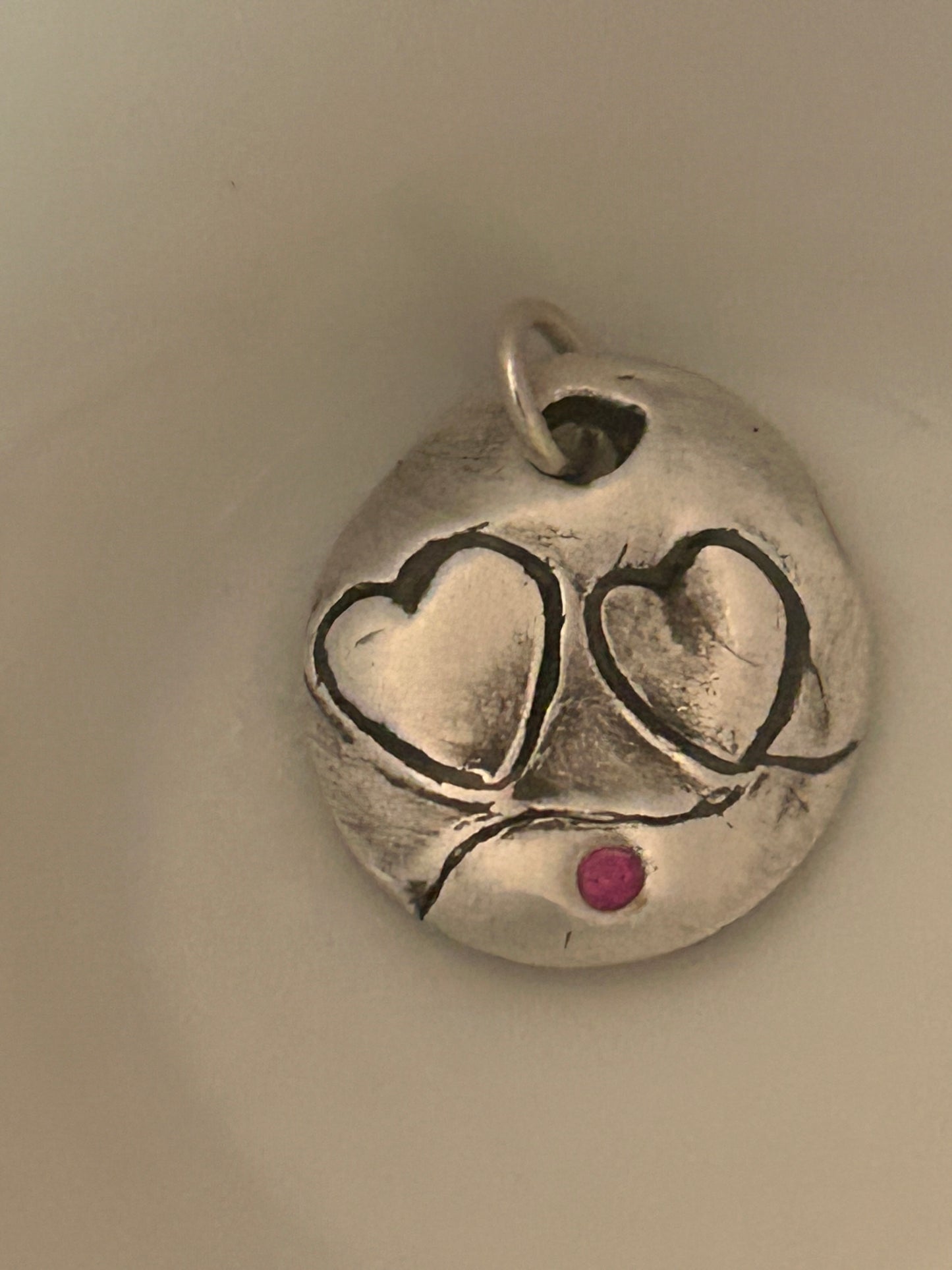 Fine Silver Double Heart Charm/pendant with Ruby Accent