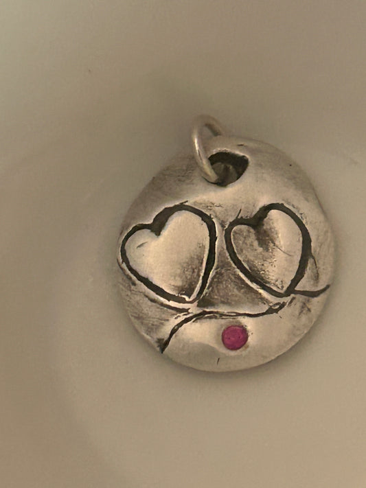 Fine Silver Double Heart Charm/pendant with Ruby Accent