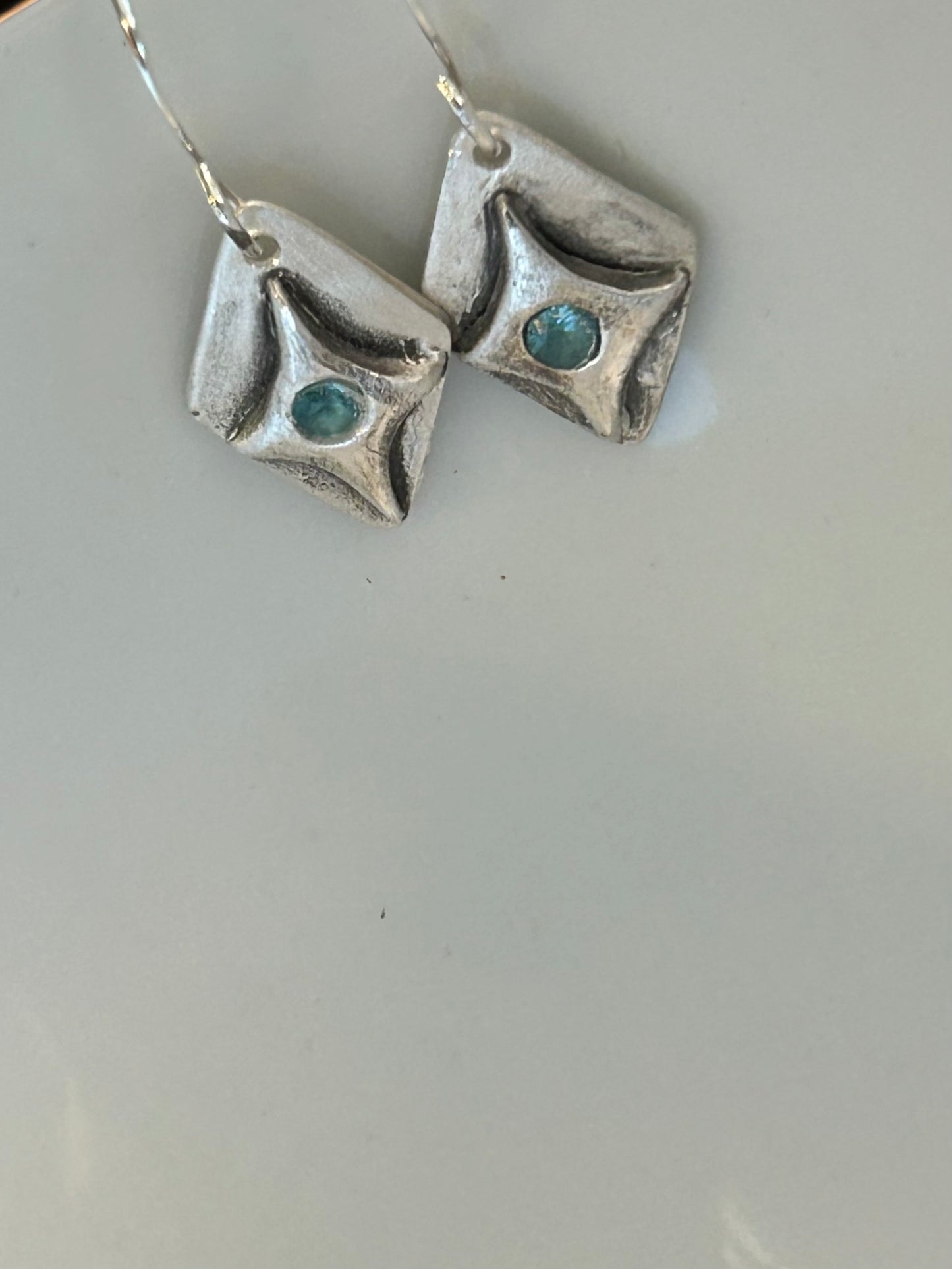 Fine Silver Teal Gem Geometric Drop Earrings