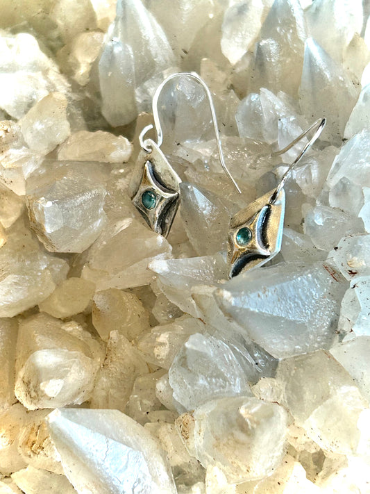 Fine Silver Teal Gem Geometric Drop Earrings