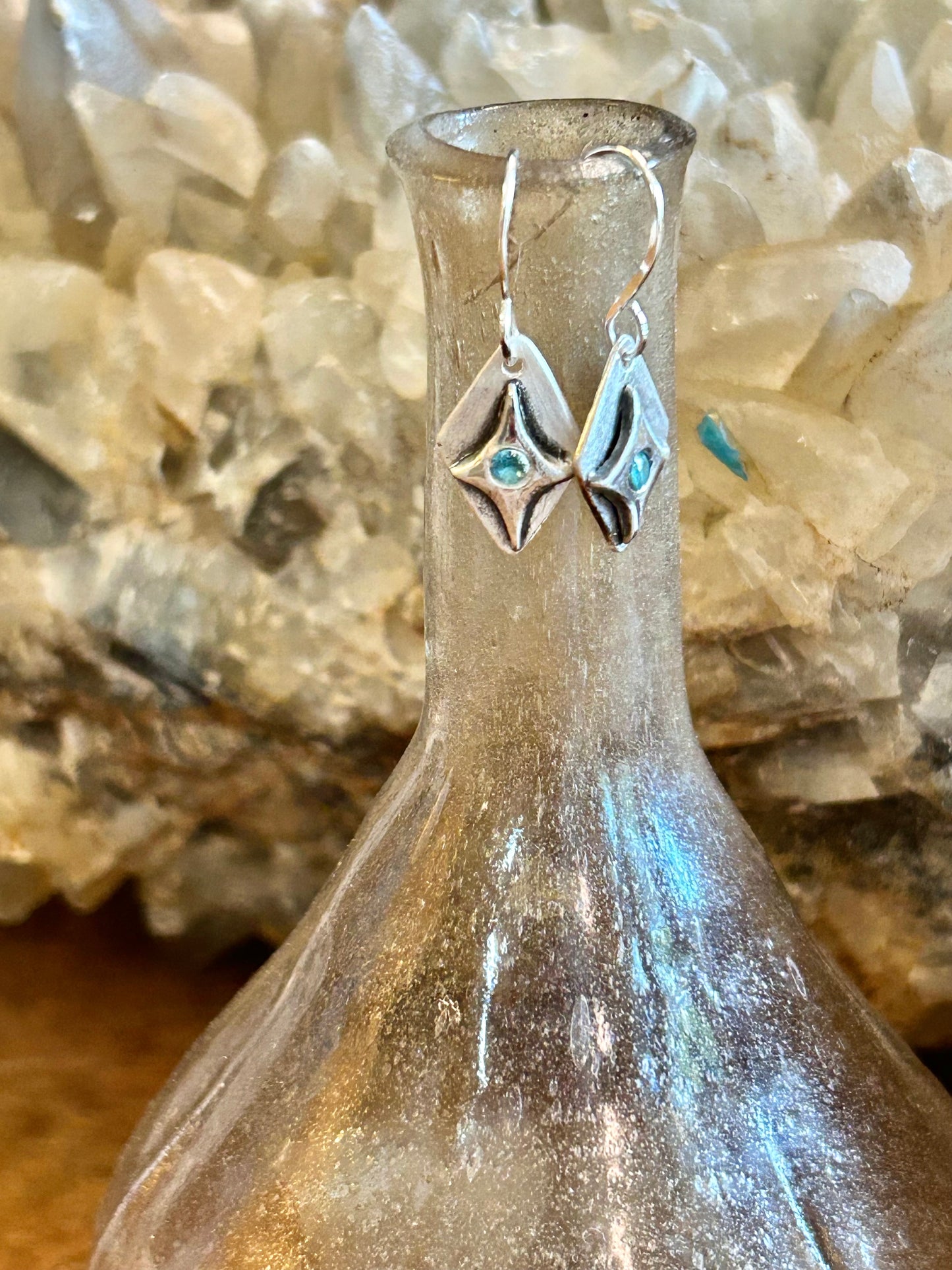 Fine Silver Teal Gem Geometric Drop Earrings