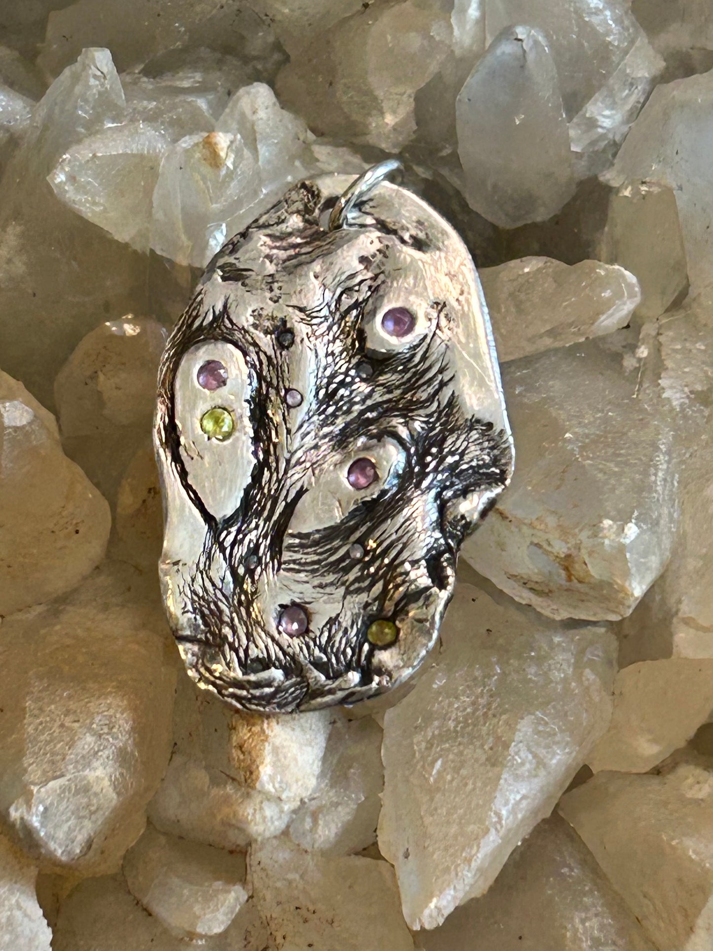 Fine Silver Organic Pendant with Multicolor Nano Stones