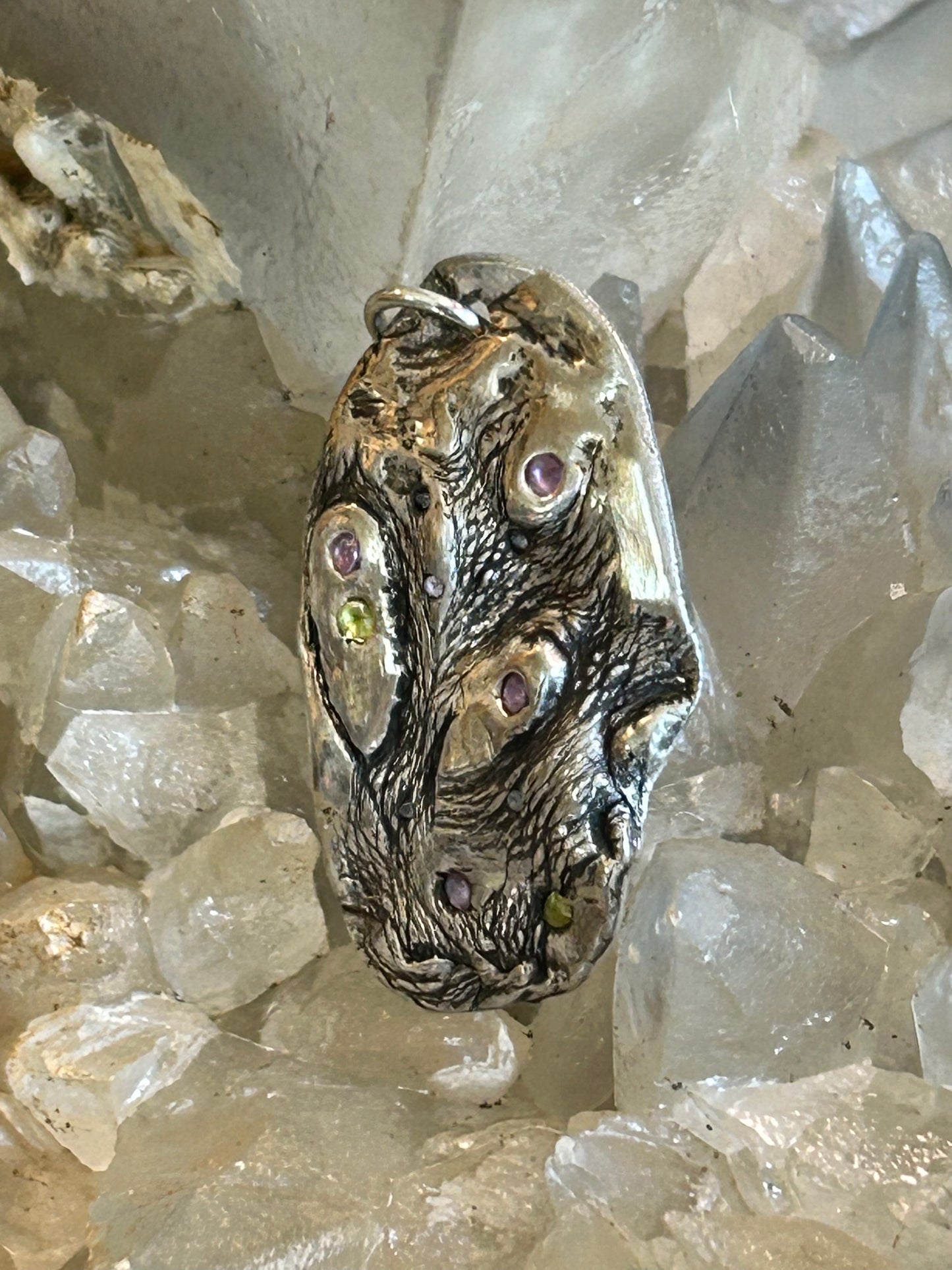 Fine Silver Organic Pendant with Multicolor Nano Stones