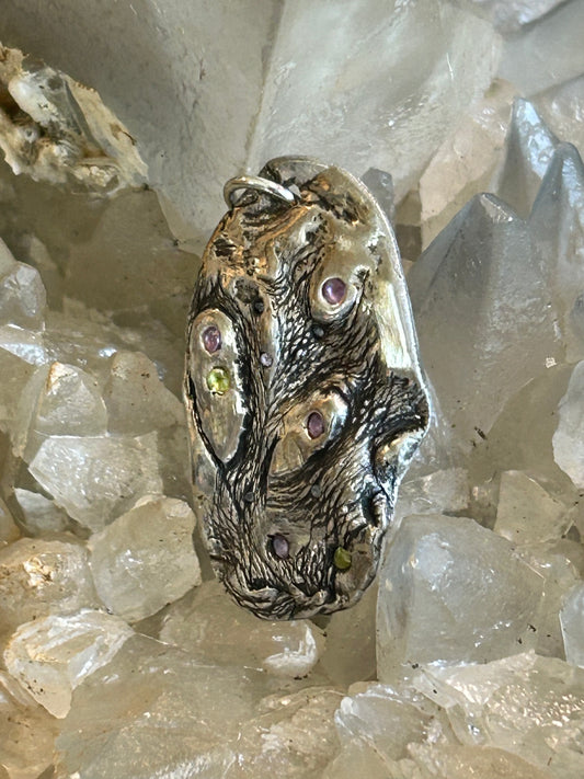Fine Silver Organic Pendant with Multicolor Nano Stones