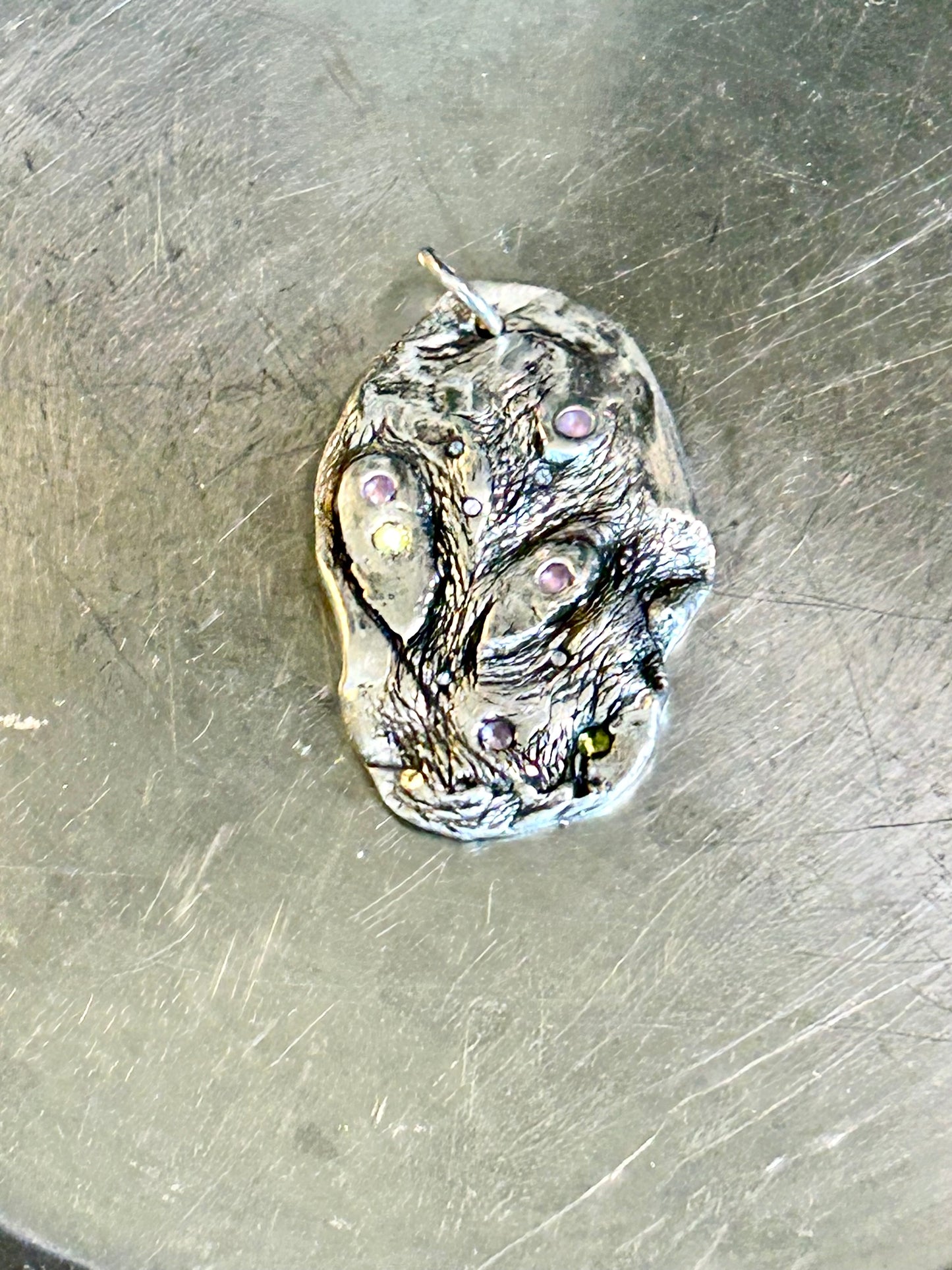Fine Silver Organic Pendant with Multicolor Nano Stones