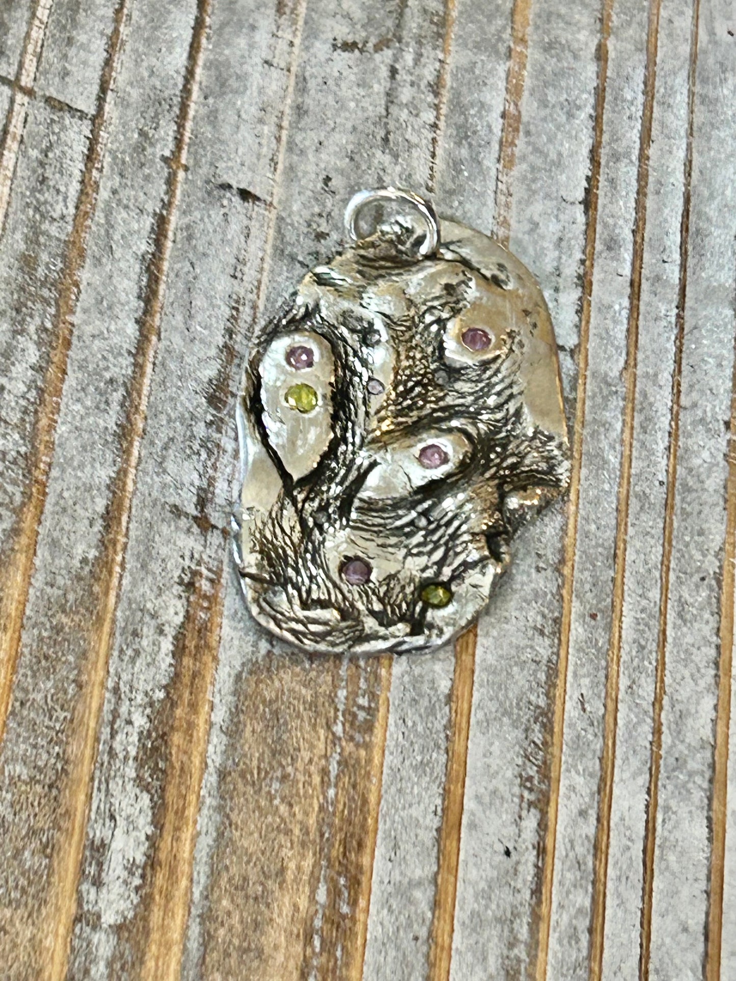 Fine Silver Organic Pendant with Multicolor Nano Stones