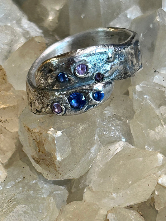 Fine Silver Wrap Ring with Blue and Violet Stones