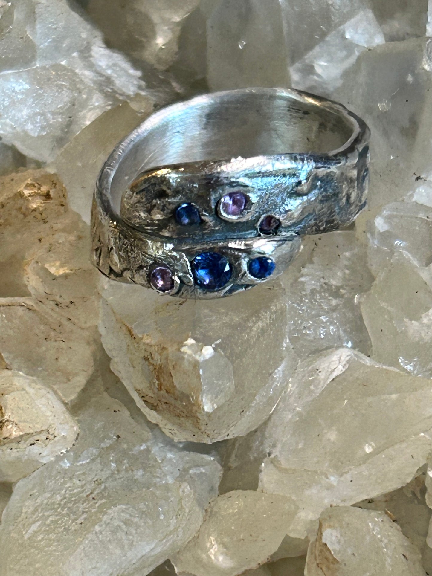 Fine Silver Wrap Ring with Blue and Violet Stones