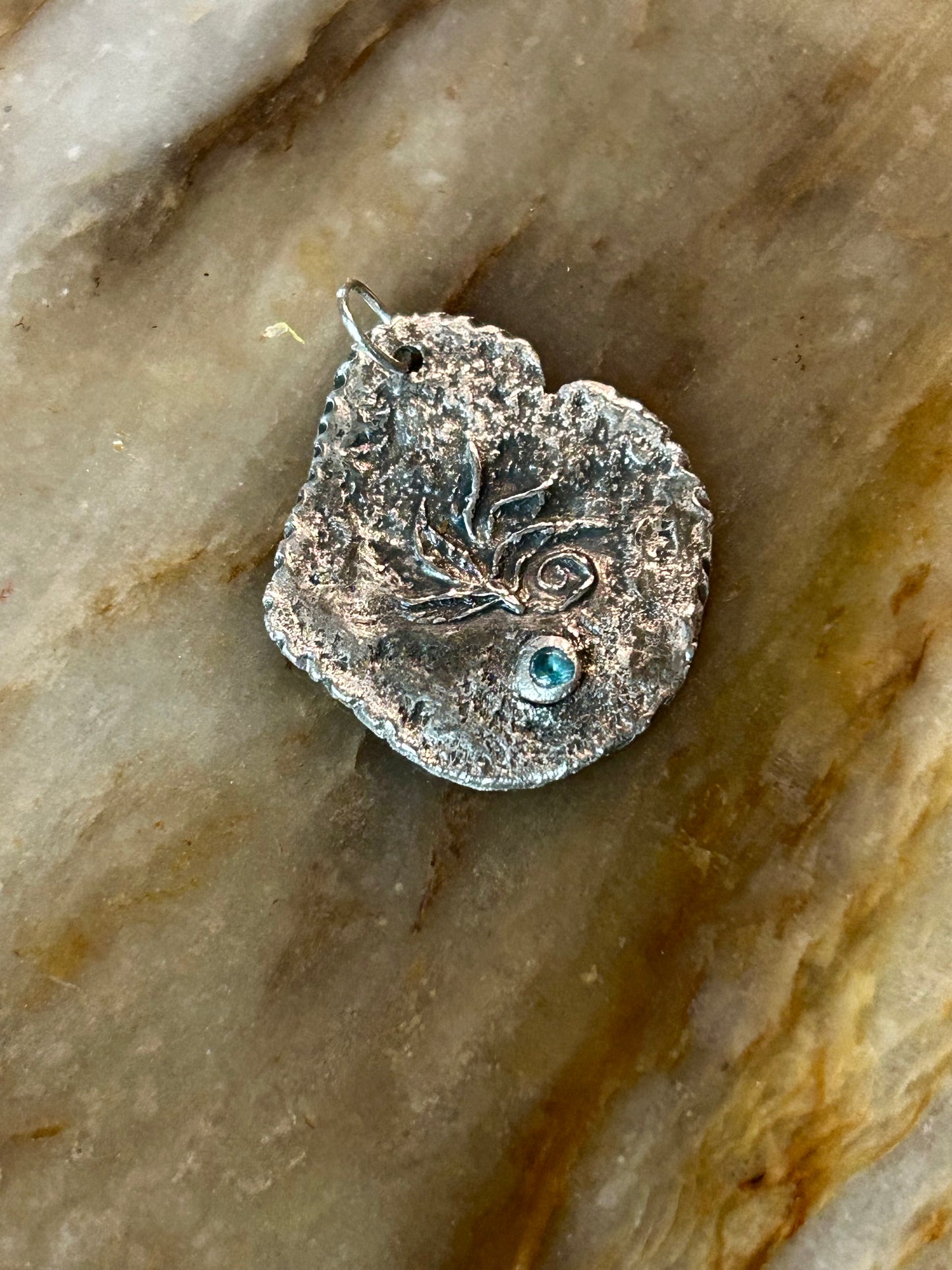 Fine Silver Organic Pendant with Aqua Stone – Handcrafted .999 Silver
