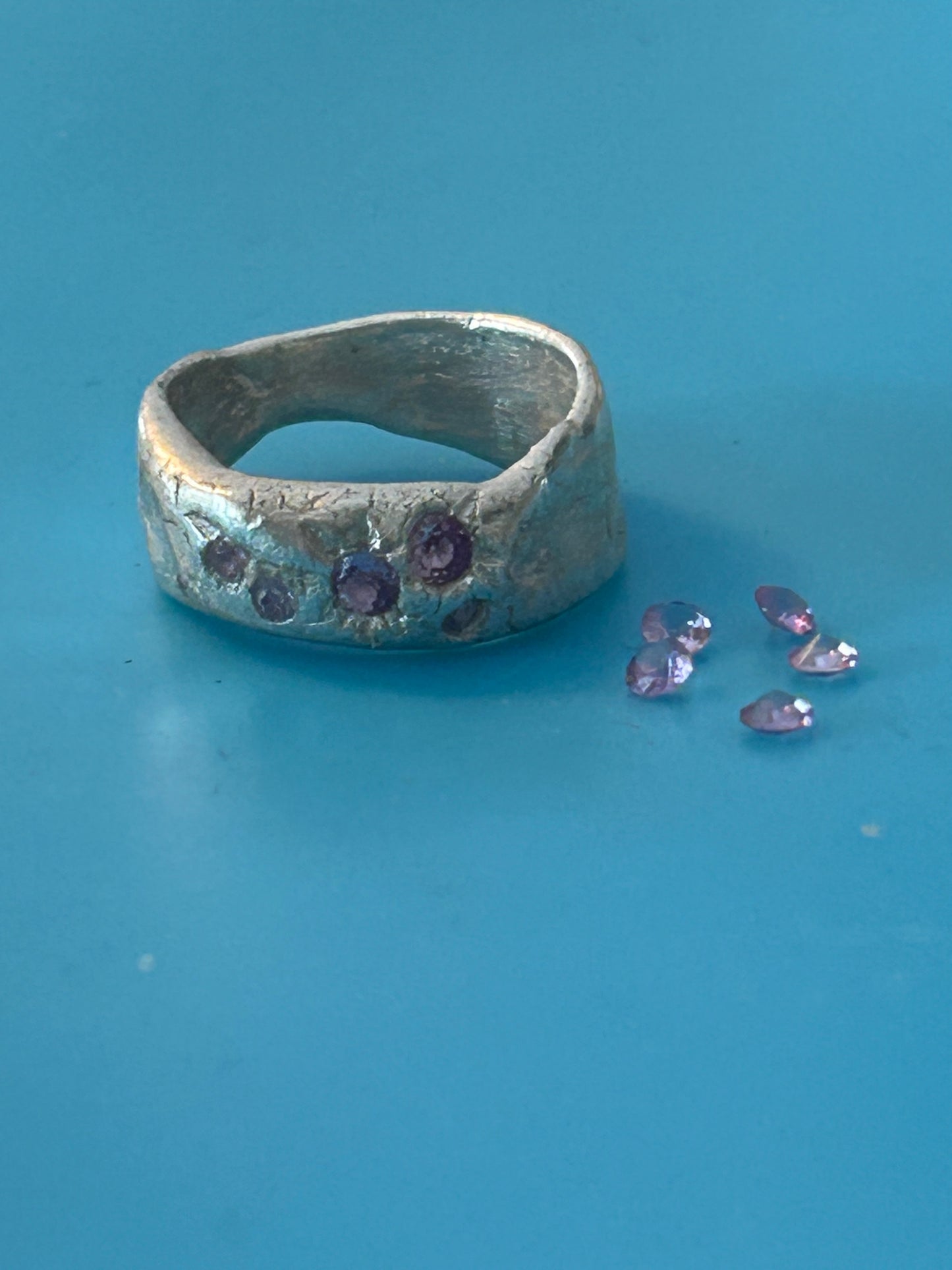 Pure Silver Molten Style Ring with Purple Accent Stones