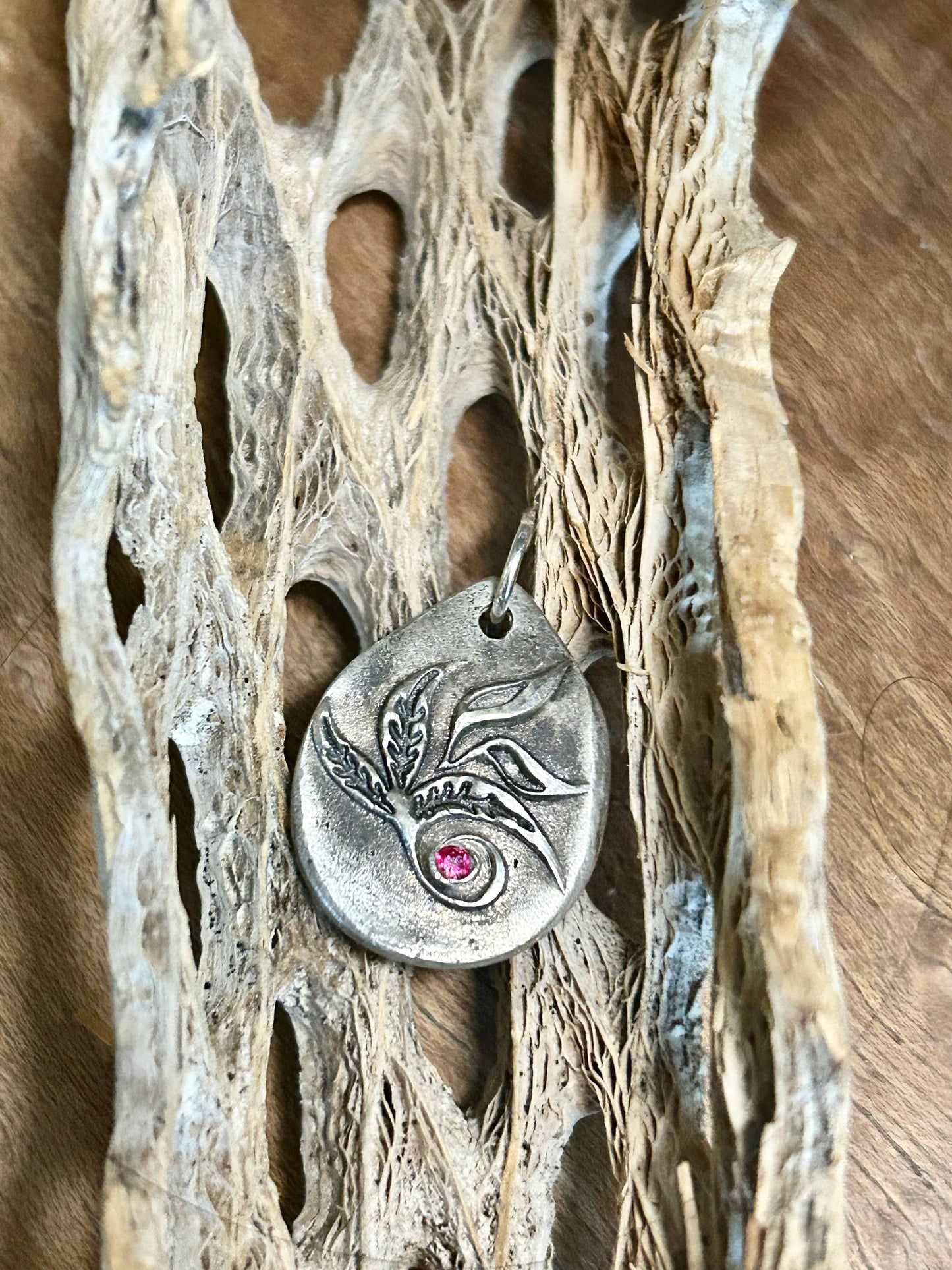 Botanical Fine Silver Pendant with Pink Stone – Rustic Nature Inspired Necklace ✨