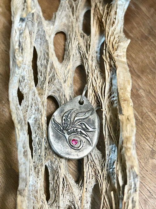 Botanical Fine Silver Pendant with Pink Stone – Rustic Nature Inspired Necklace ✨