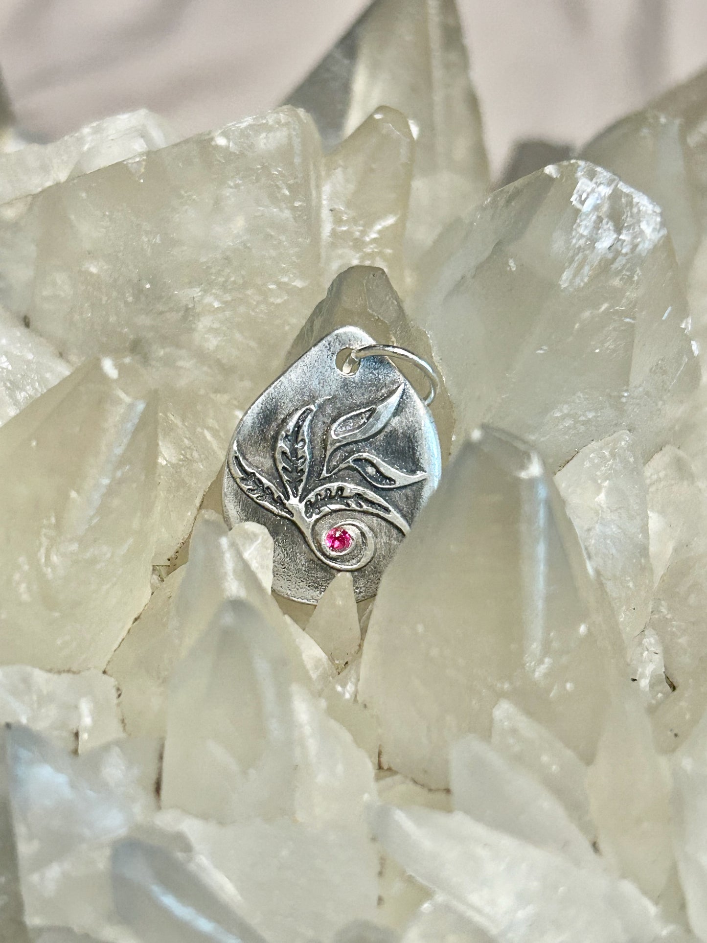Botanical Fine Silver Pendant with Pink Stone – Rustic Nature Inspired Necklace ✨