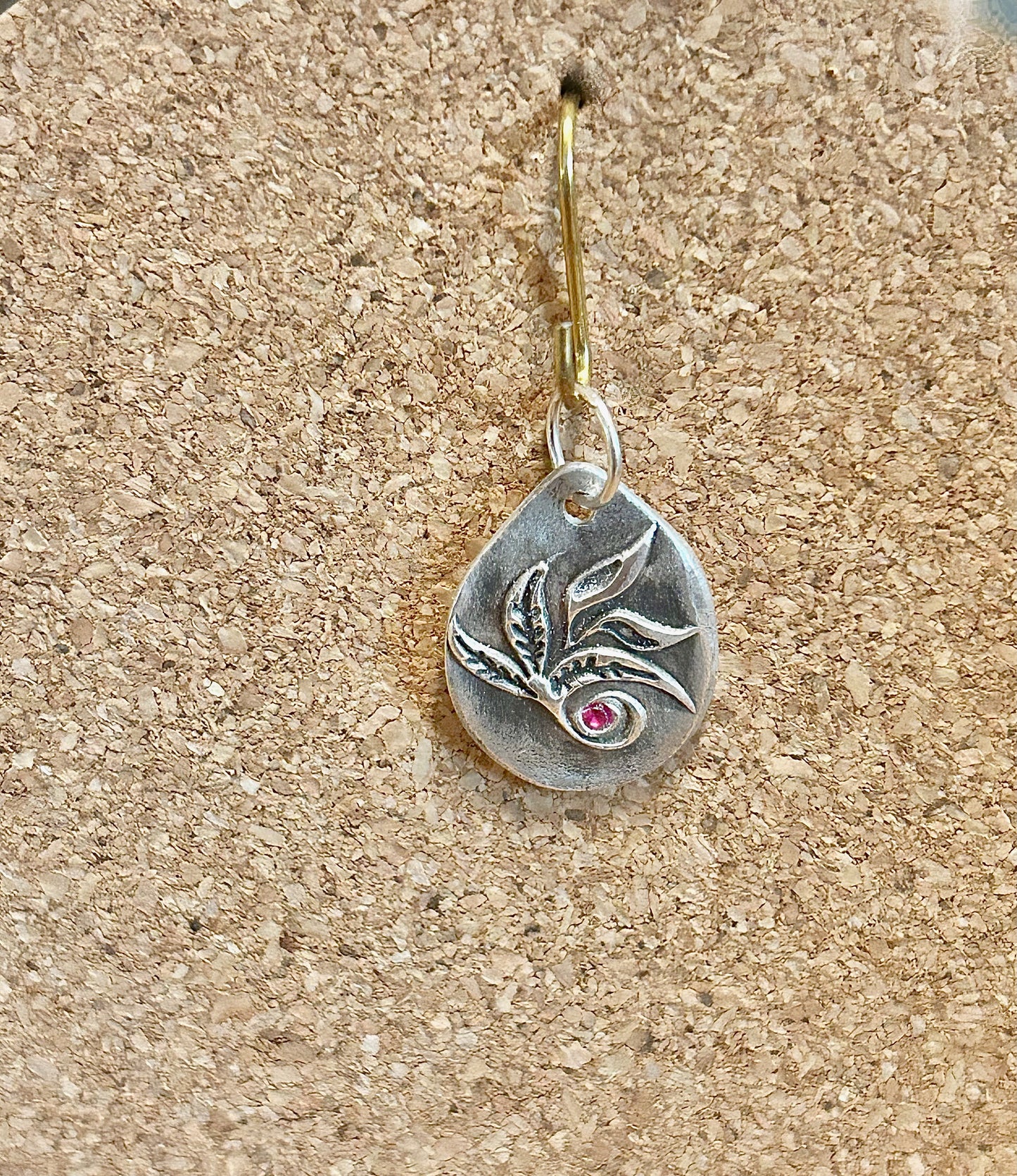 Botanical Fine Silver Pendant with Pink Stone – Rustic Nature Inspired Necklace ✨