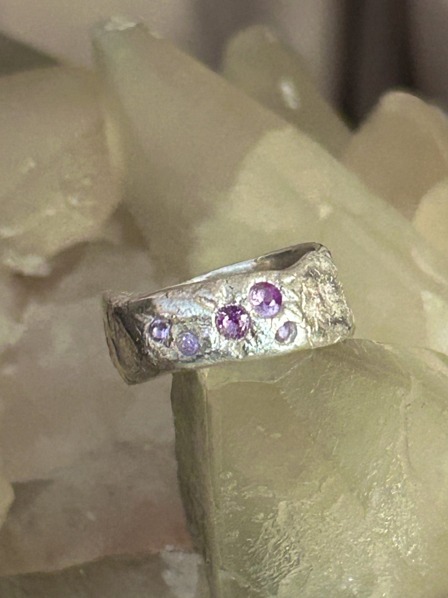 Pure Silver Molten Style Ring with Purple Accent Stones
