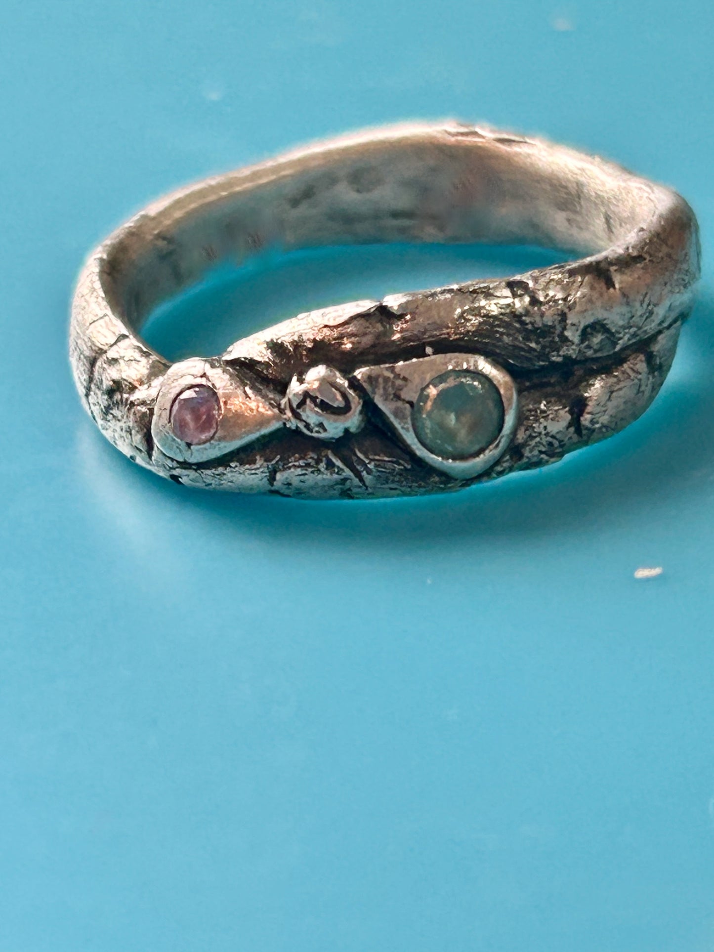 Molten Fine Silver Ring with Pink & Aqua Stones