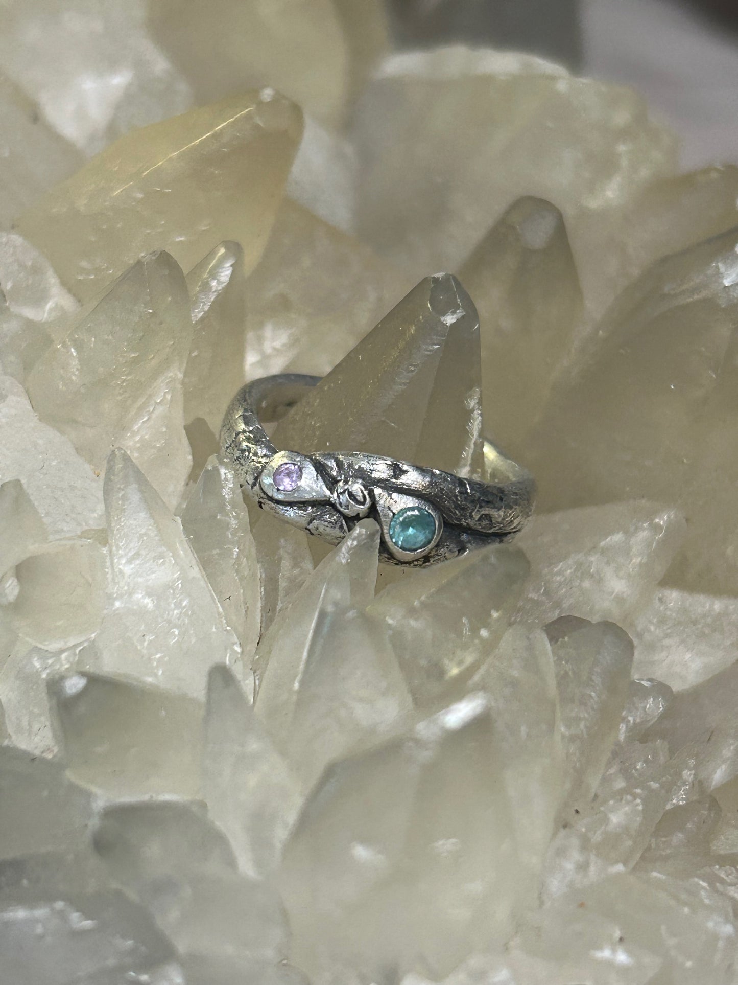 Molten Fine Silver Ring with Pink & Aqua Stones