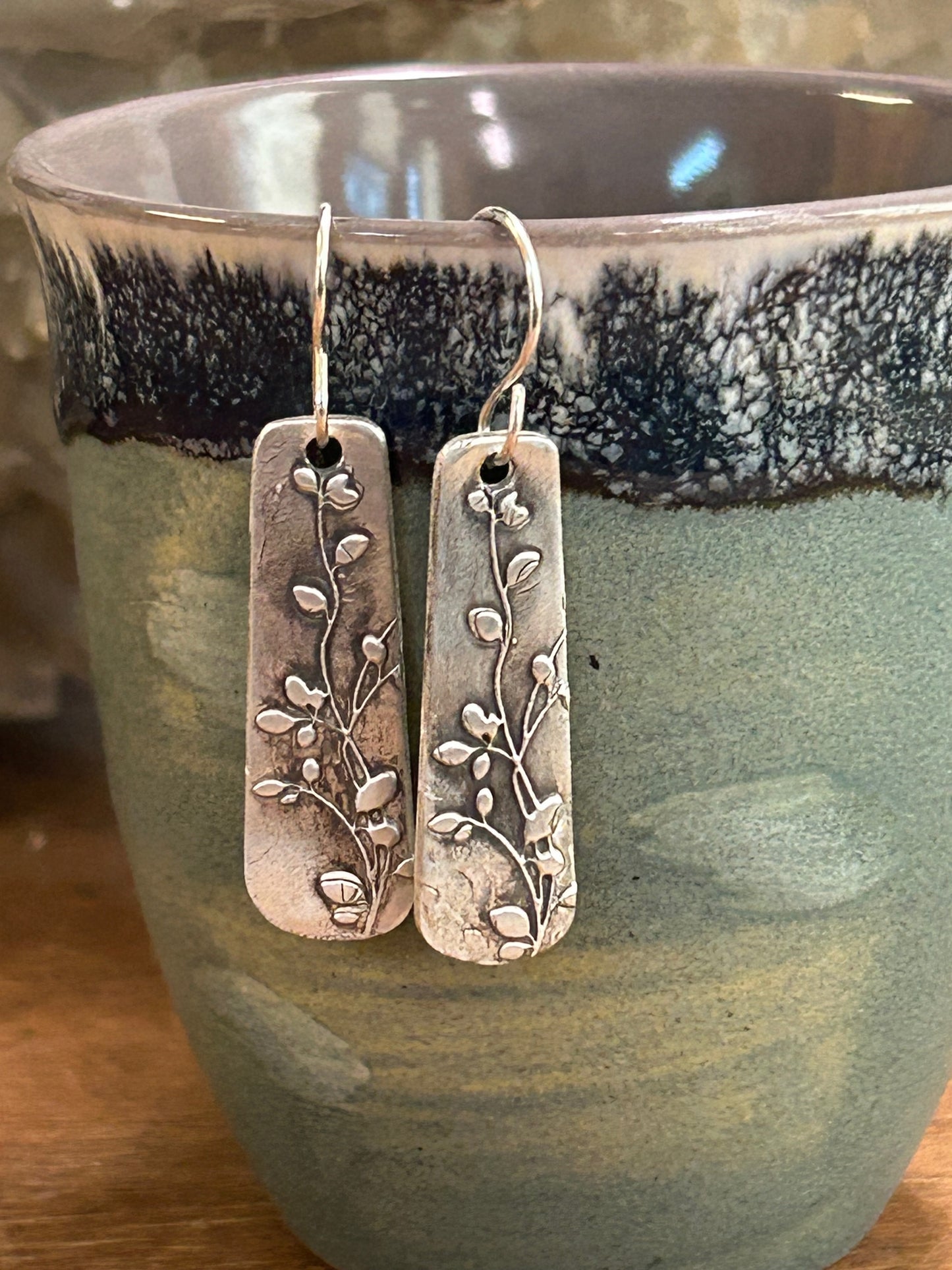 Fine Silver Botanical Rectangle Earrings
