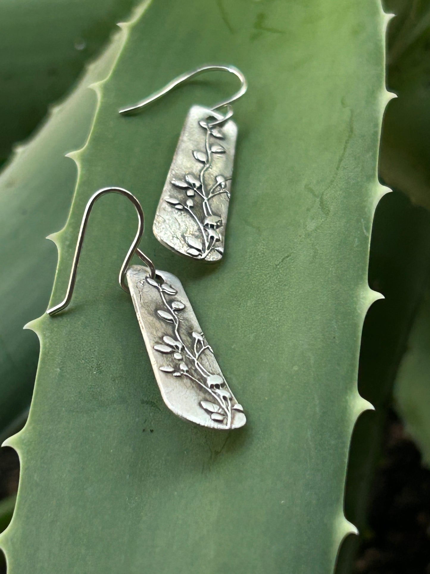 Fine Silver Botanical Rectangle Earrings