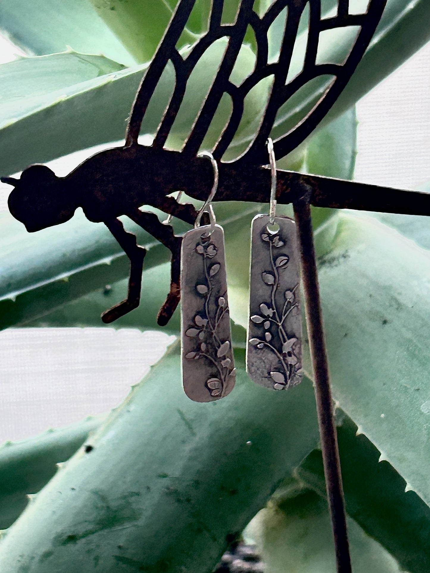 Fine Silver Botanical Rectangle Earrings